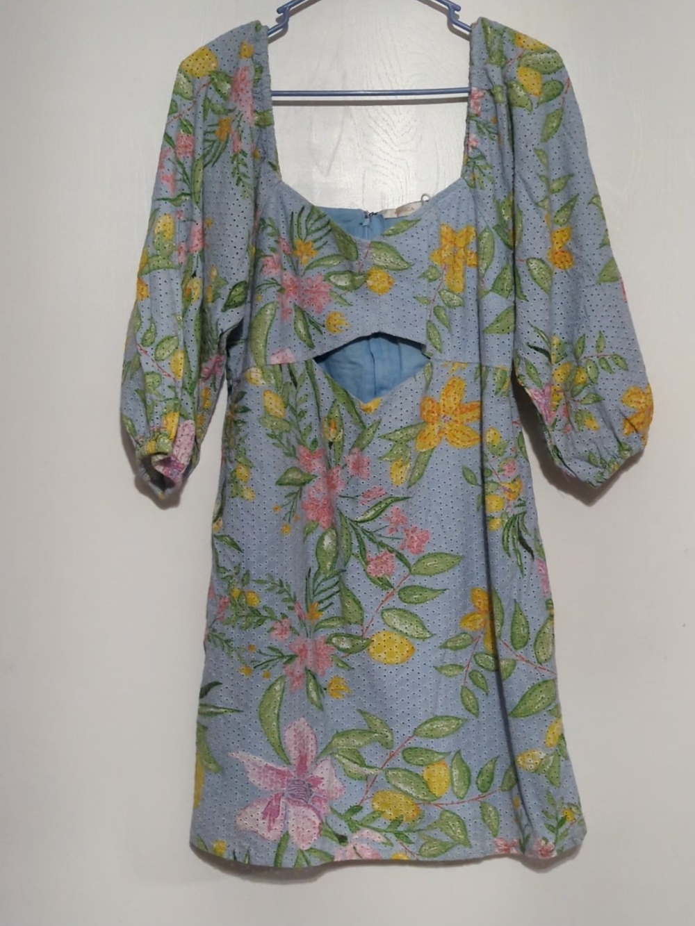 Blue Floral Cutout Mini Dress with Puff Sleeves